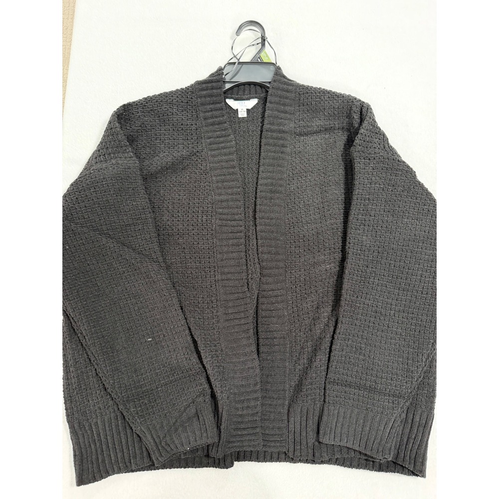 Time and Tru Womens XL Black Soot Chenille Waffle Knit Open Front Cardigan